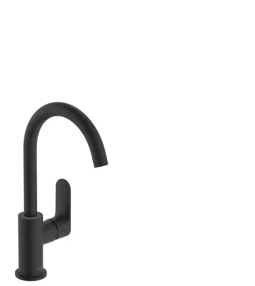 Schwarzer Einhebel-Waschtischmischer von Hansgrohe mit hohem Schwenkauslauf und seitlichem Hebel zur Wassersteuerung, geeignet für moderne Waschbecken.